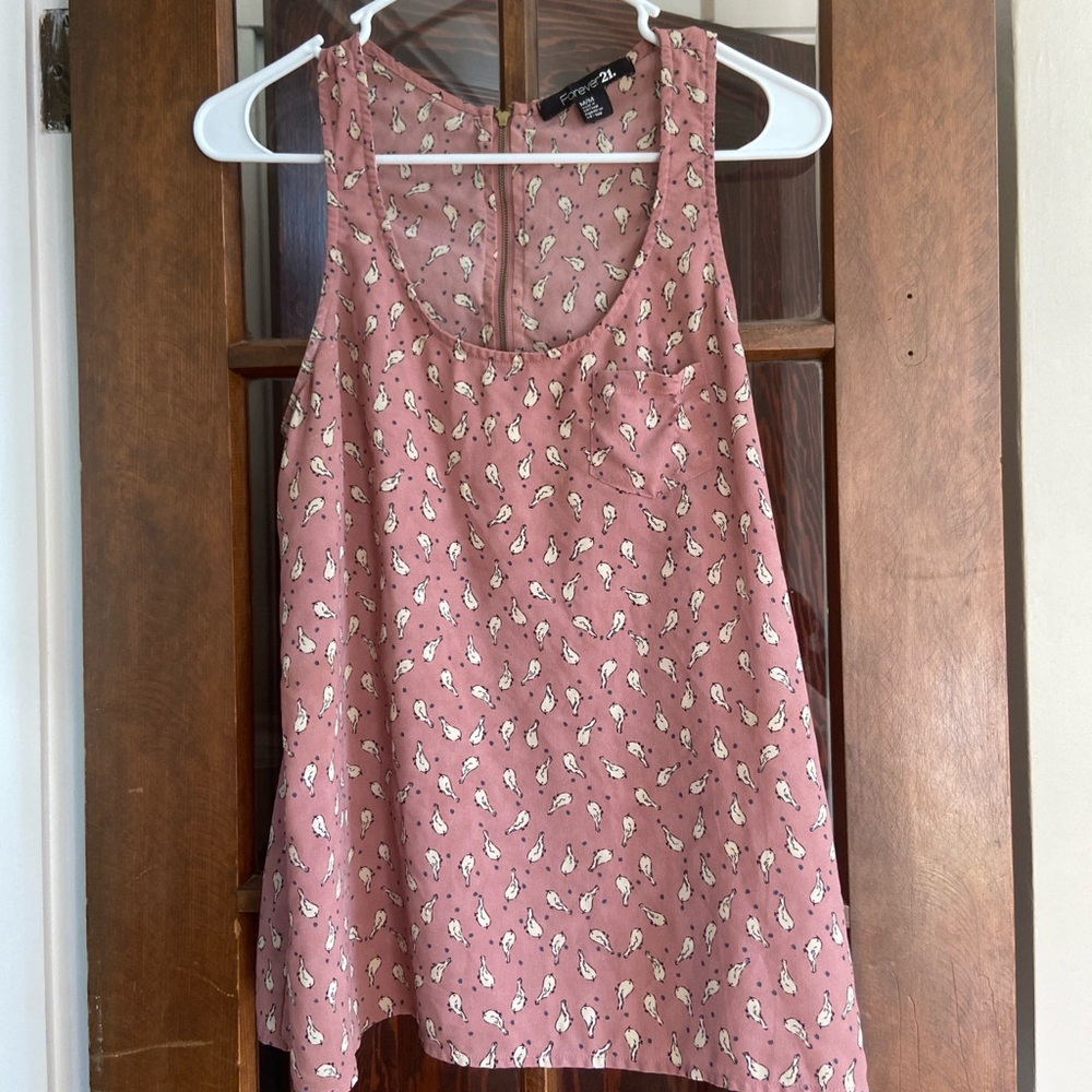 Forever 21 Sleeveless Pink Tank with Cute Bird Pattern - Cute Bird Pattern - M
